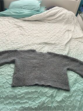 Cropped Gray Fuzzy Crewneck Sweater - Soft Knit